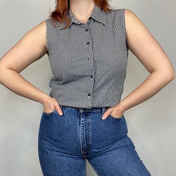 Vintage 90s Chadwick's Black & White Plaid Gingham Print Sleeveless Blouse - Picture 2 of 11